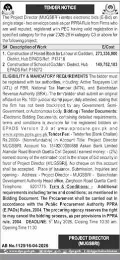 Construction of Hostel Block for Labour at Gaddani, District, Hub & Construction of School at Gaddani, District, Hub - The Project Director (MUGSBRI)